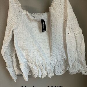 Express Off-White Eyelet Smocked Blouse
